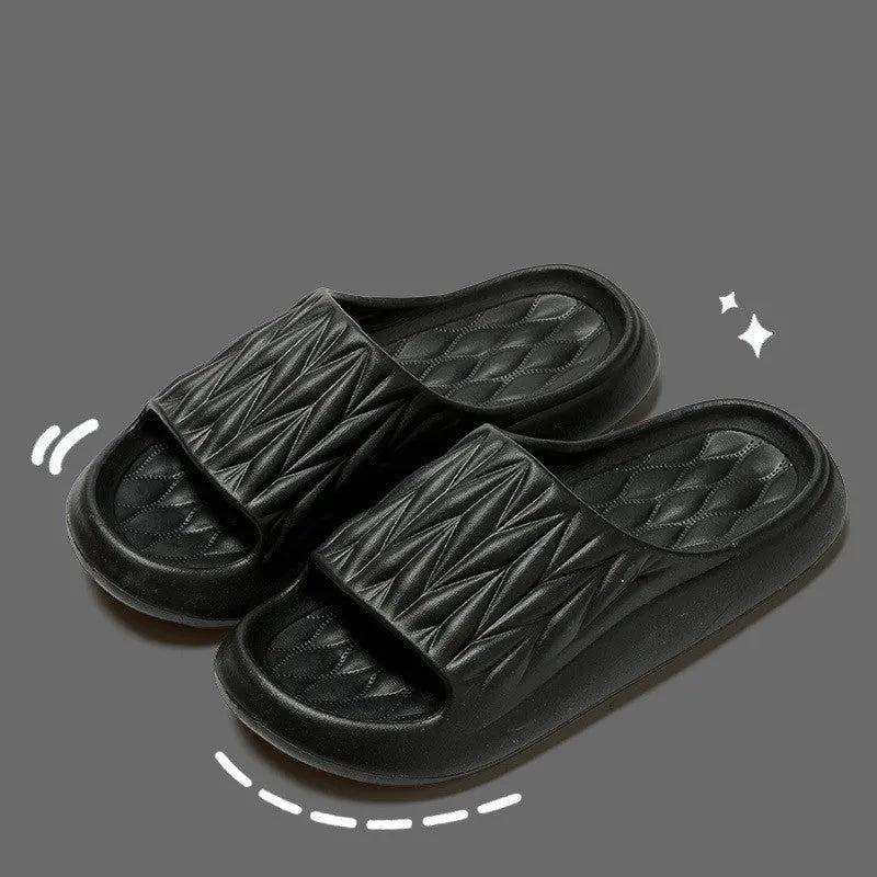 Leaf texture design EVA indoor slippers in multiple colours on a white background.