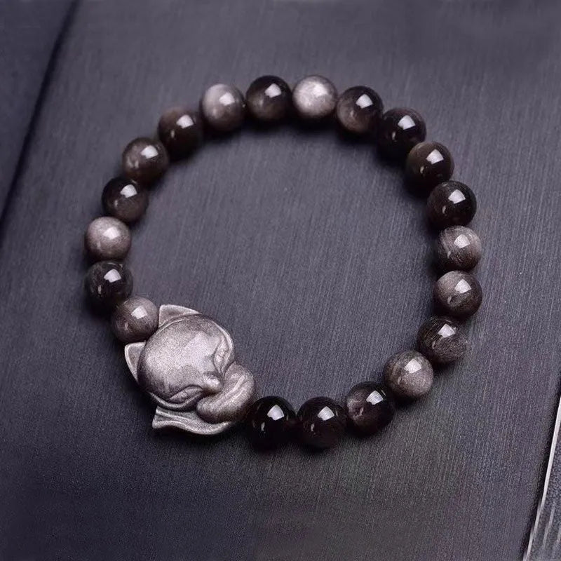 Obsidian fox single ring bracelet with 8mm polished black bead and silver fox charm