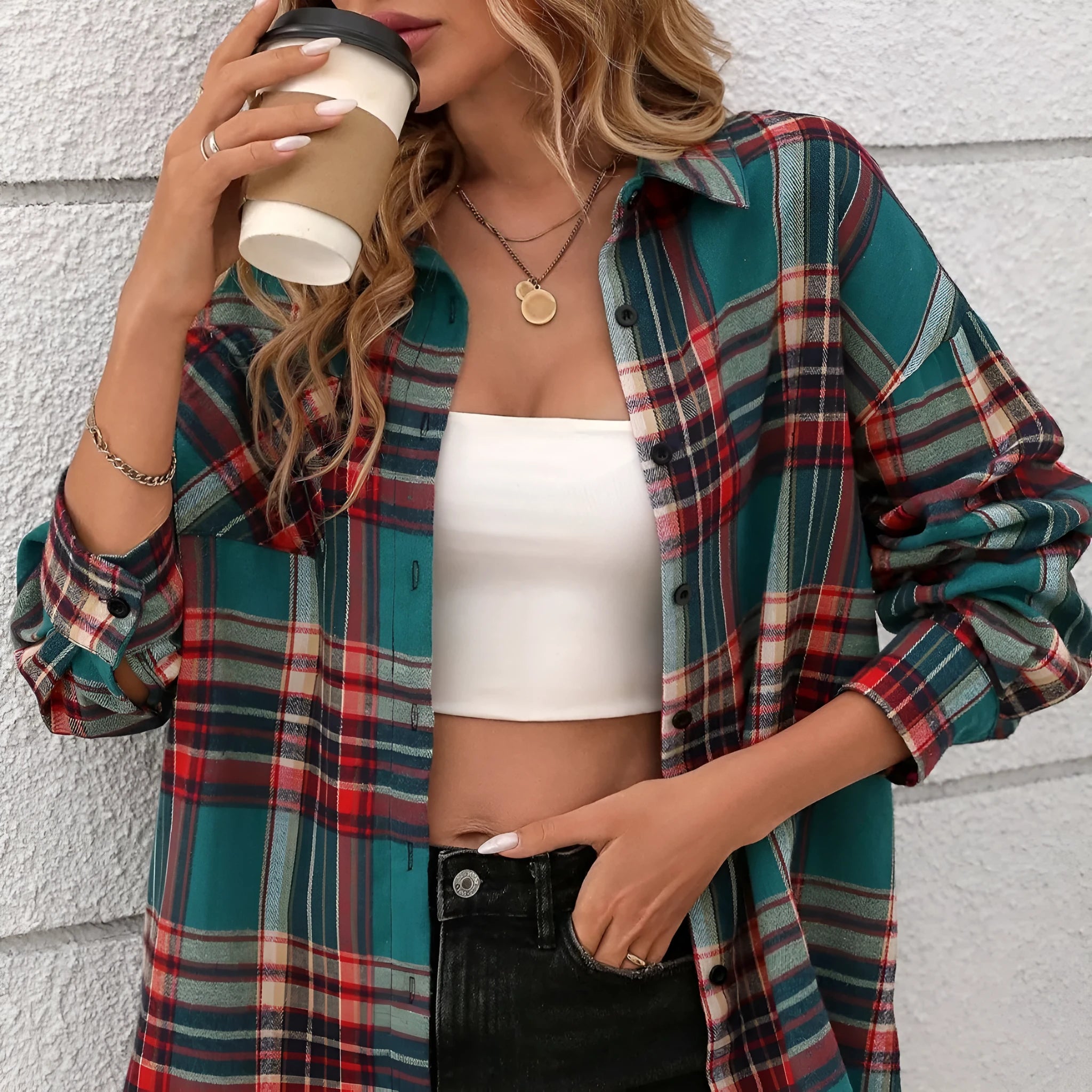 Women's loose retro plaid shirt in 100% cotton available in black, green, and purple colours