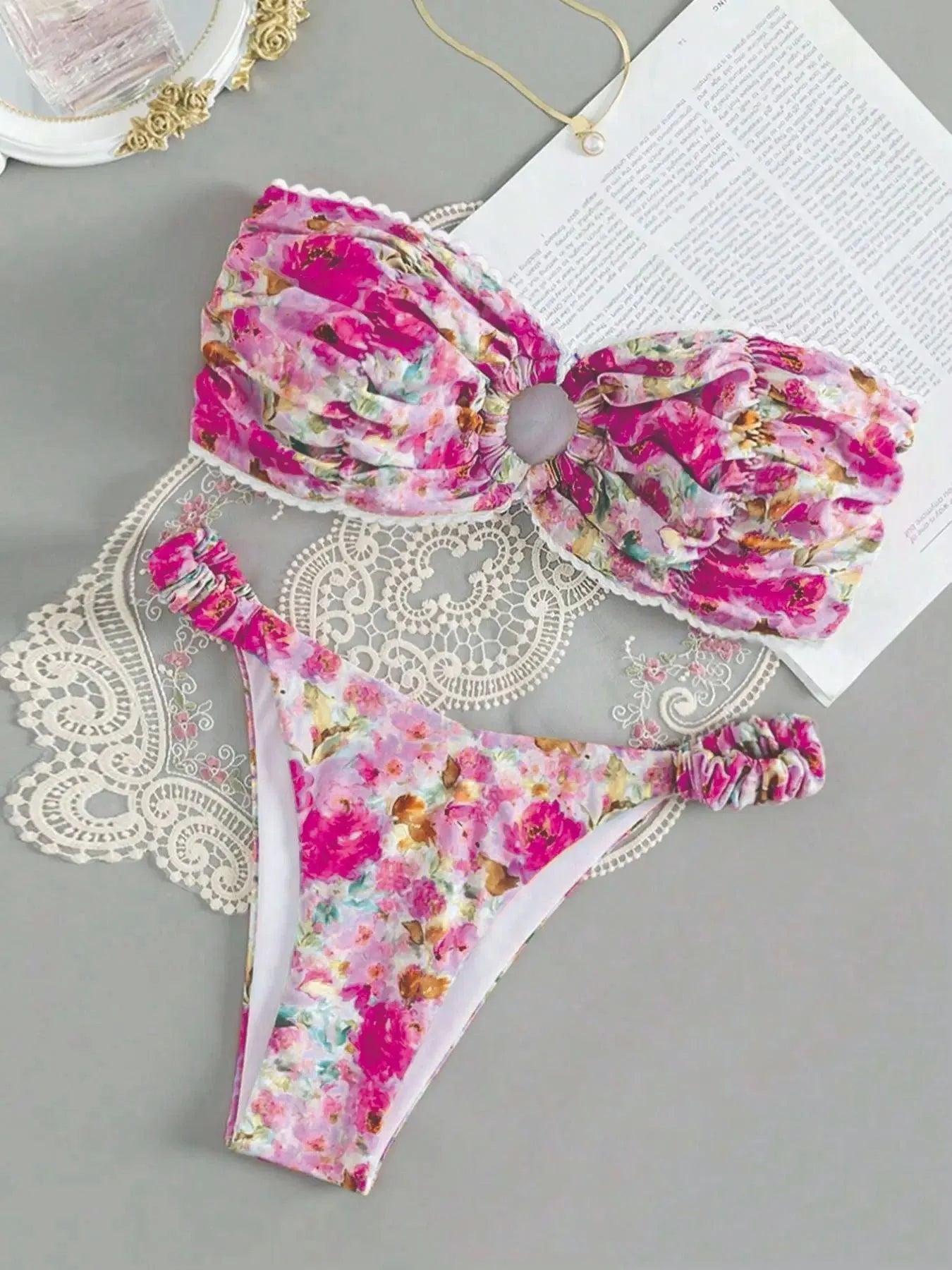 Women's floral print tube top bikini set with lace trim in blue colour