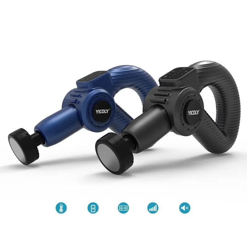 Black smart muscle massage gun with multiple attachable heads on a table