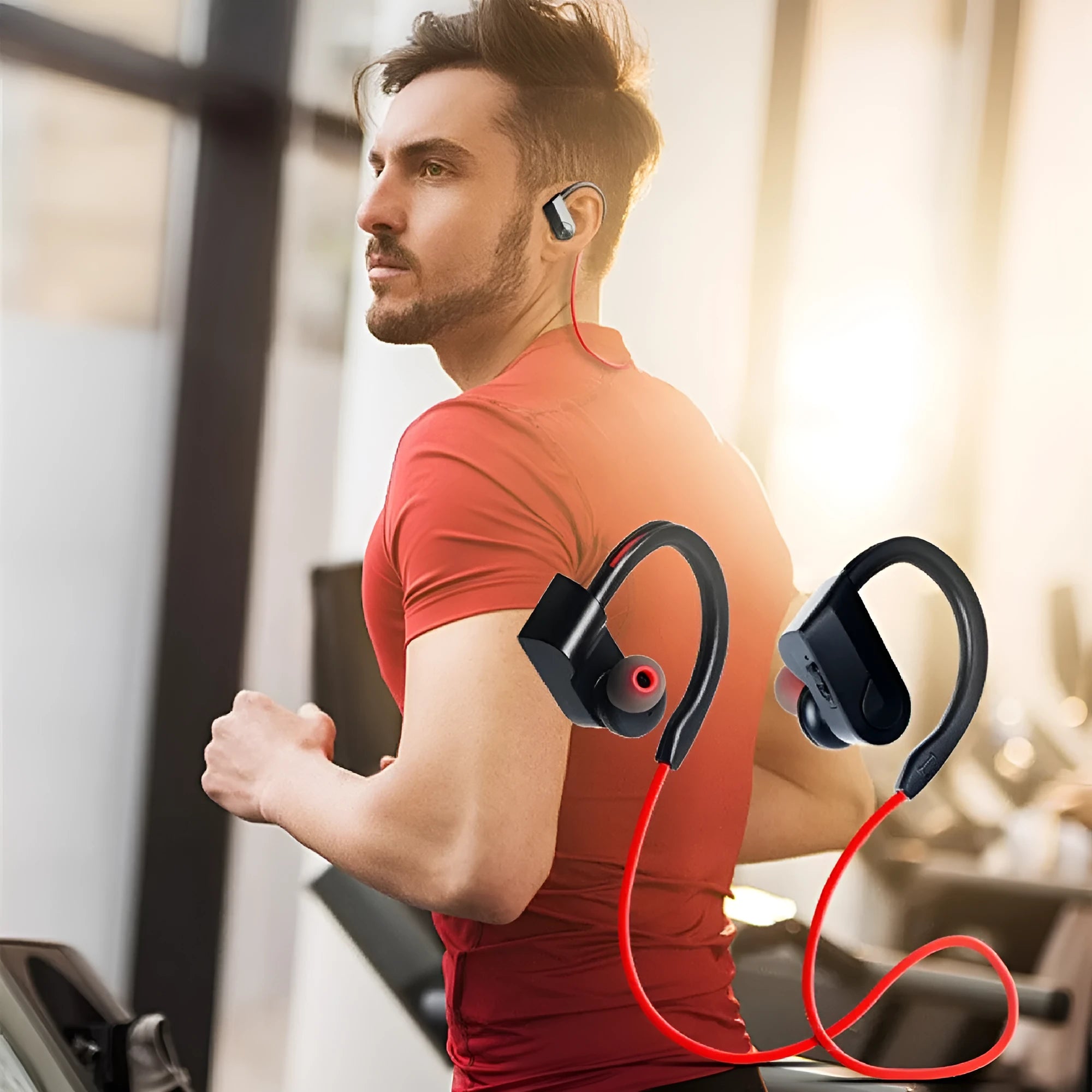 Black neck-mounted Bluetooth earphones with in-ear buds and USB charging cable