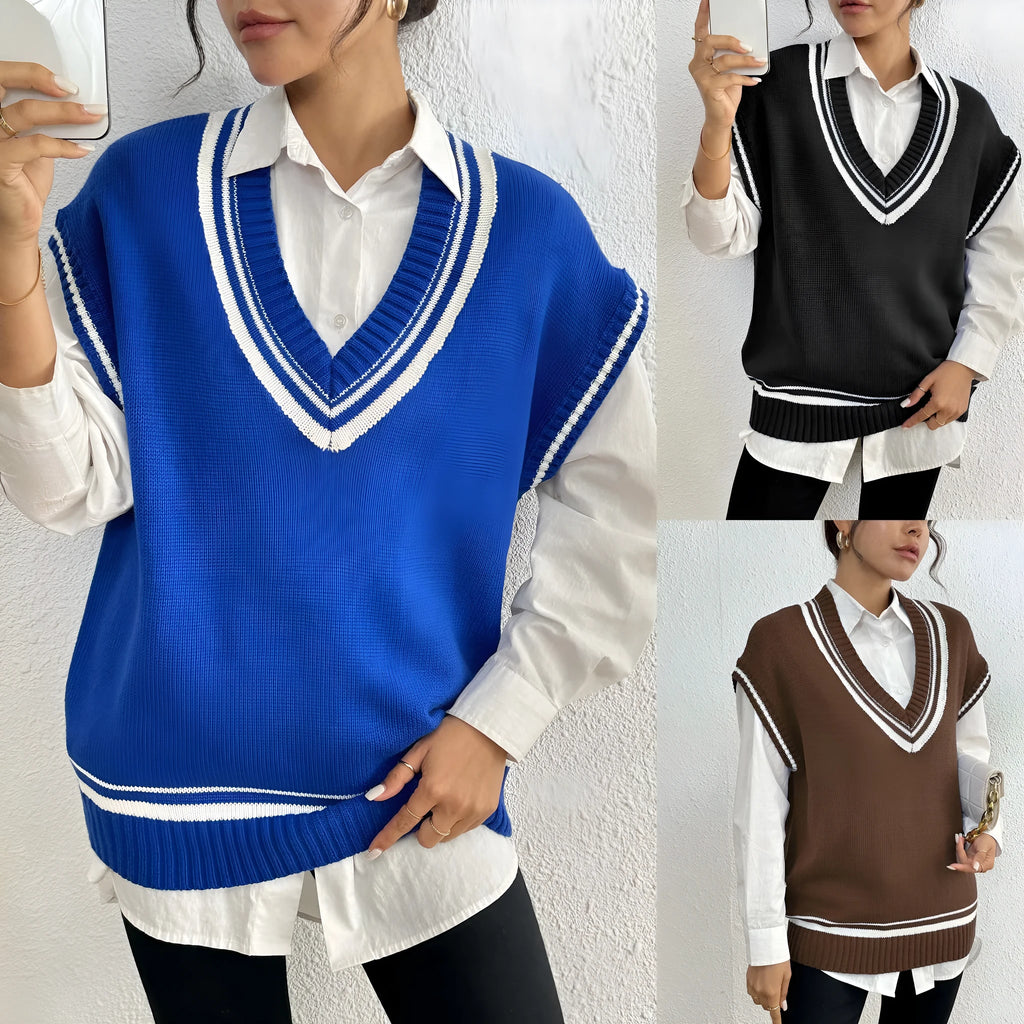 Women's loose acrylic vest sweater in black, blue and coffee colours with college style design