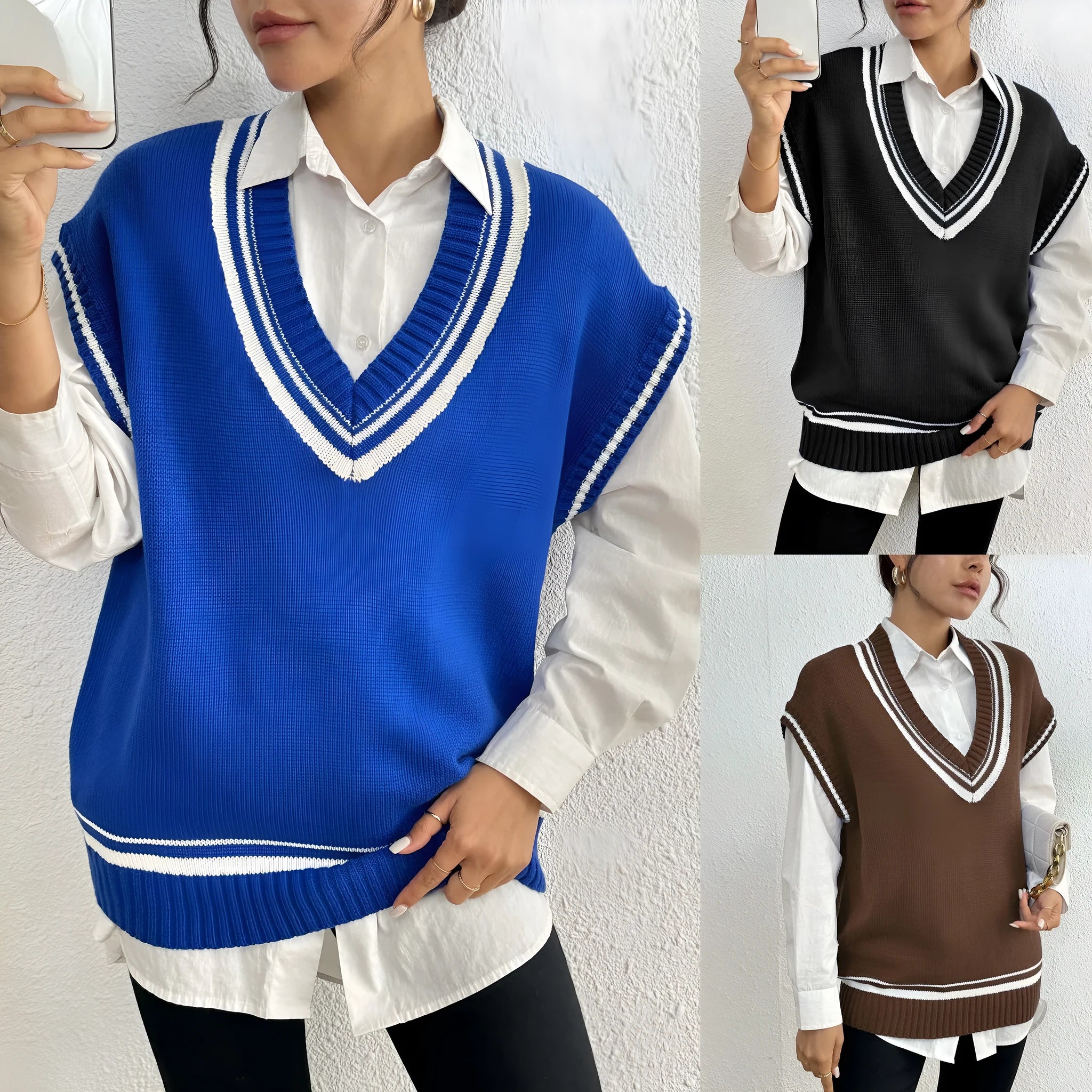 Women's loose acrylic vest sweater in black, blue and coffee colours with college style design