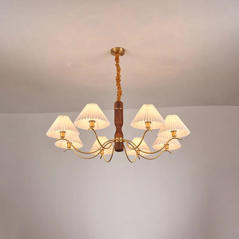 American retro style wall lamp with fabric shade and wooden frame in bedside setting