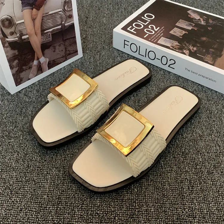Women's apricot, black, and khaki flat summer slippers with a textured PVC sole.