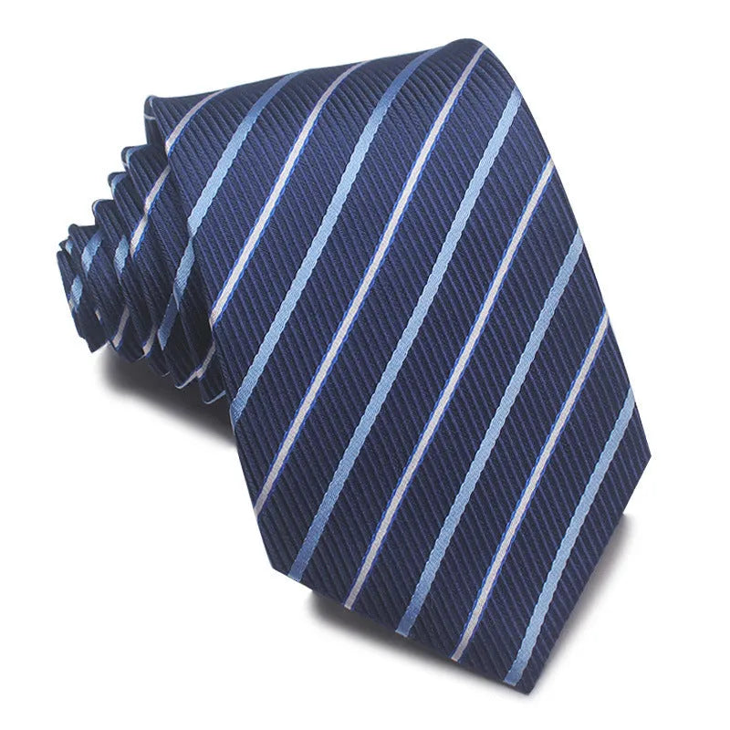 8CM wide polyester jacquard striped business tie in arrow style showing red, black, and blue colour options