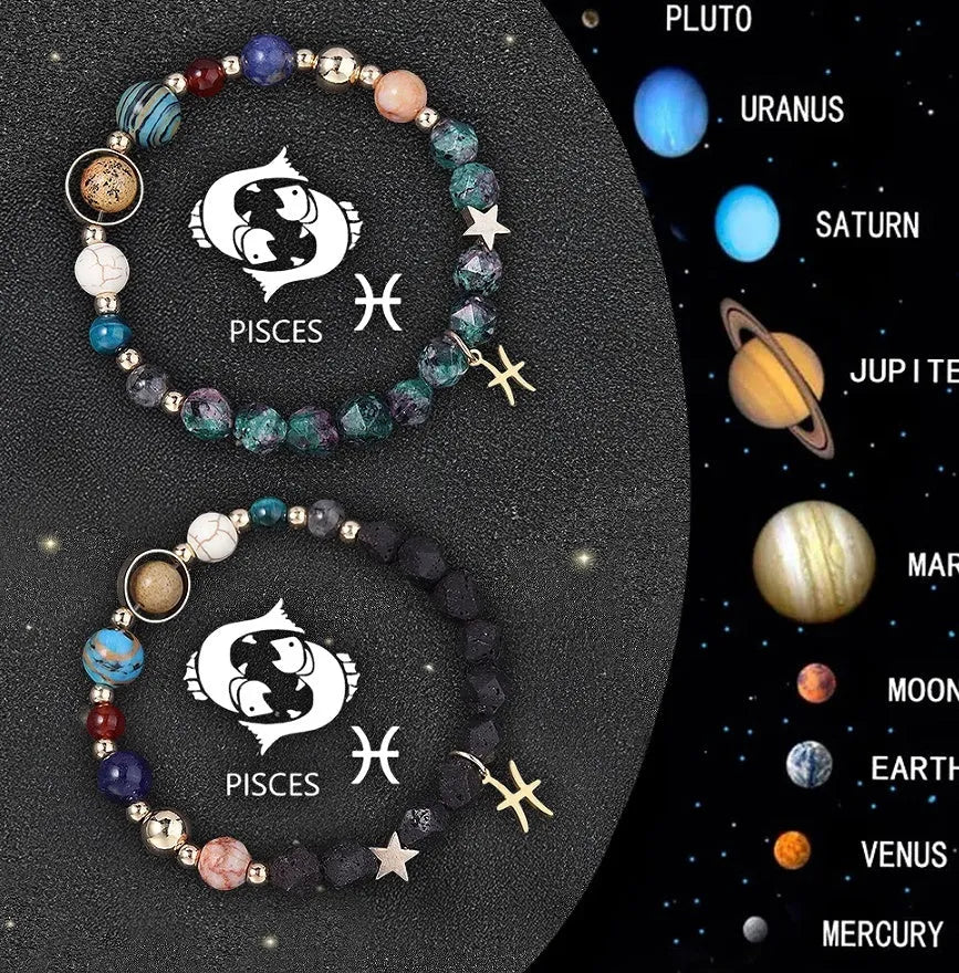 Set of two natural stone beaded bracelets showing zodiac sign designs on a cord.