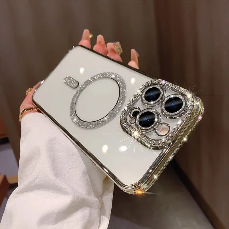 Wireless magnetic iPhone case with soft silicone edges and electroplated finish in multiple colour options