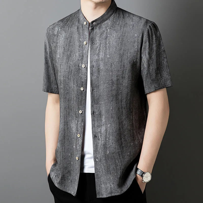 Men's loose fit linen blend stand collar shirt in cardigan style, solid colour options Black Grey or White Grey