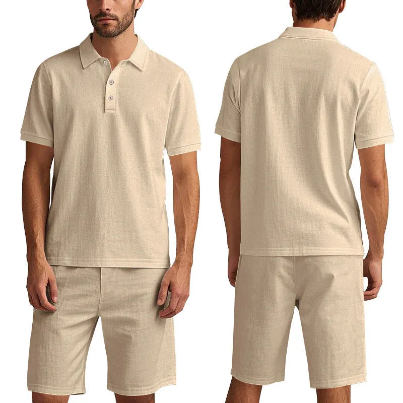 Men's loose-fit linen blend shorts suit in light blue for summer, showing short-sleeve shirt and matching shorts.