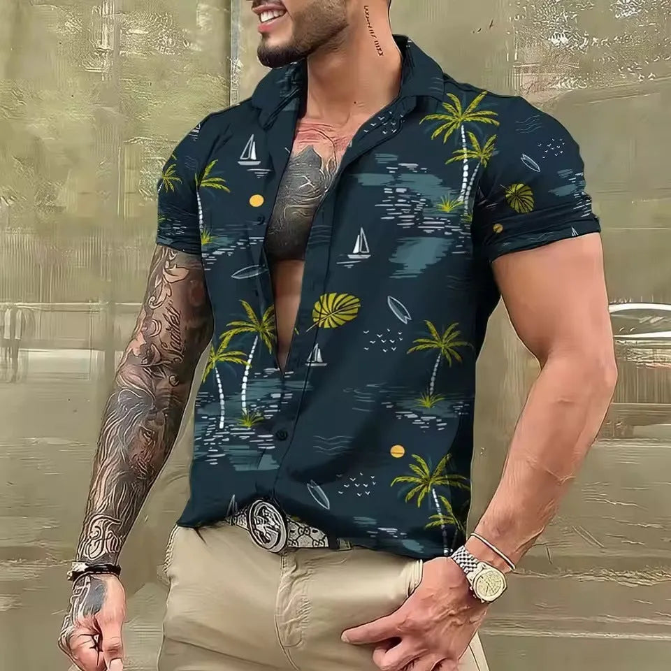 Men's loose fit floral print short sleeve shirt in polyester fabric for summer casual wear