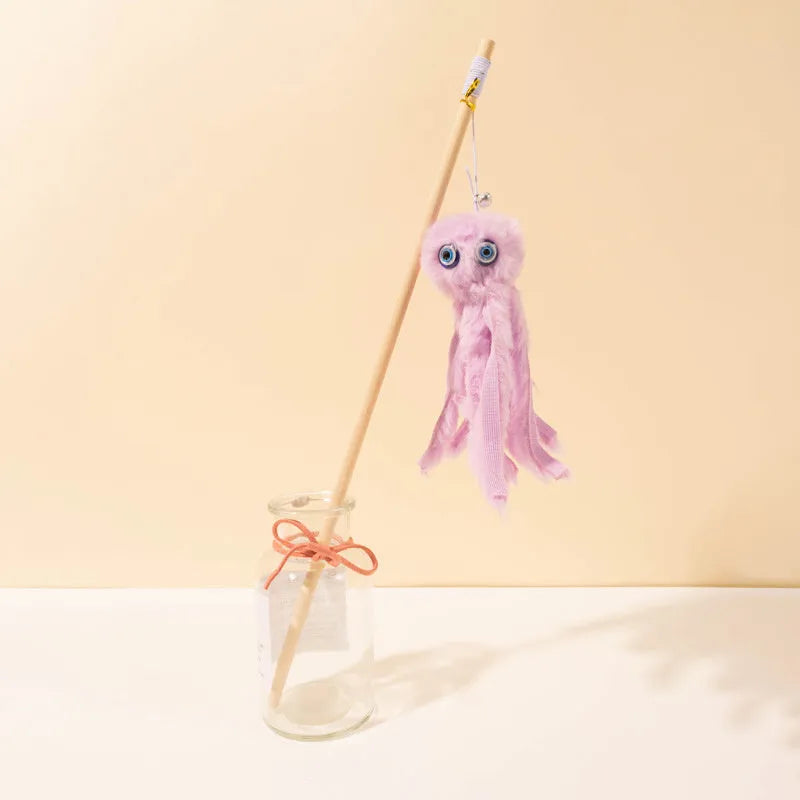 Brightly coloured furry octopus cat toy attached to a long stick for interactive indoor play