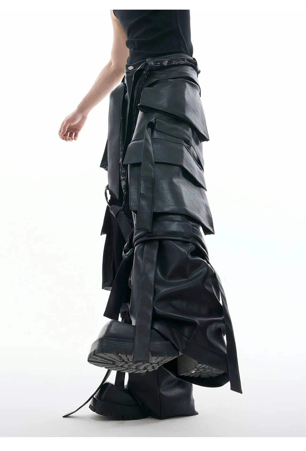 Black loose-fit retro leather pants with multiple pockets and quilted stitching detail