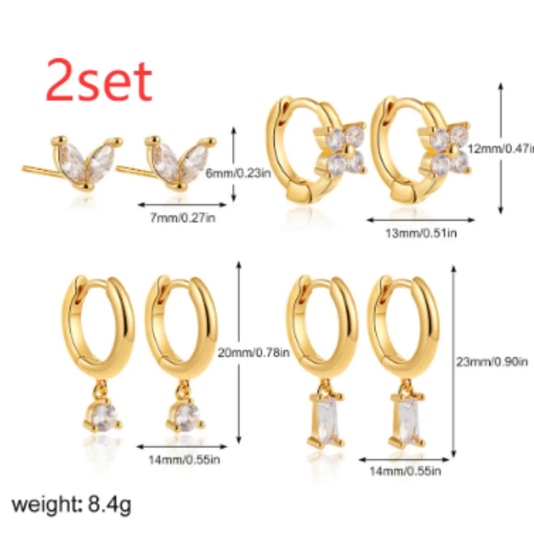 Copper geometric square earrings four-piece set with star designs and electroplated gold or silver finish
