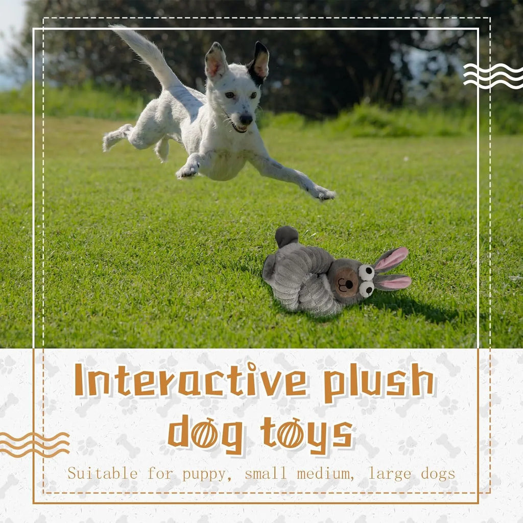 Plush stuffed squeaky crinkle dog toy in brown, gray or yellow colours for small medium large dogs