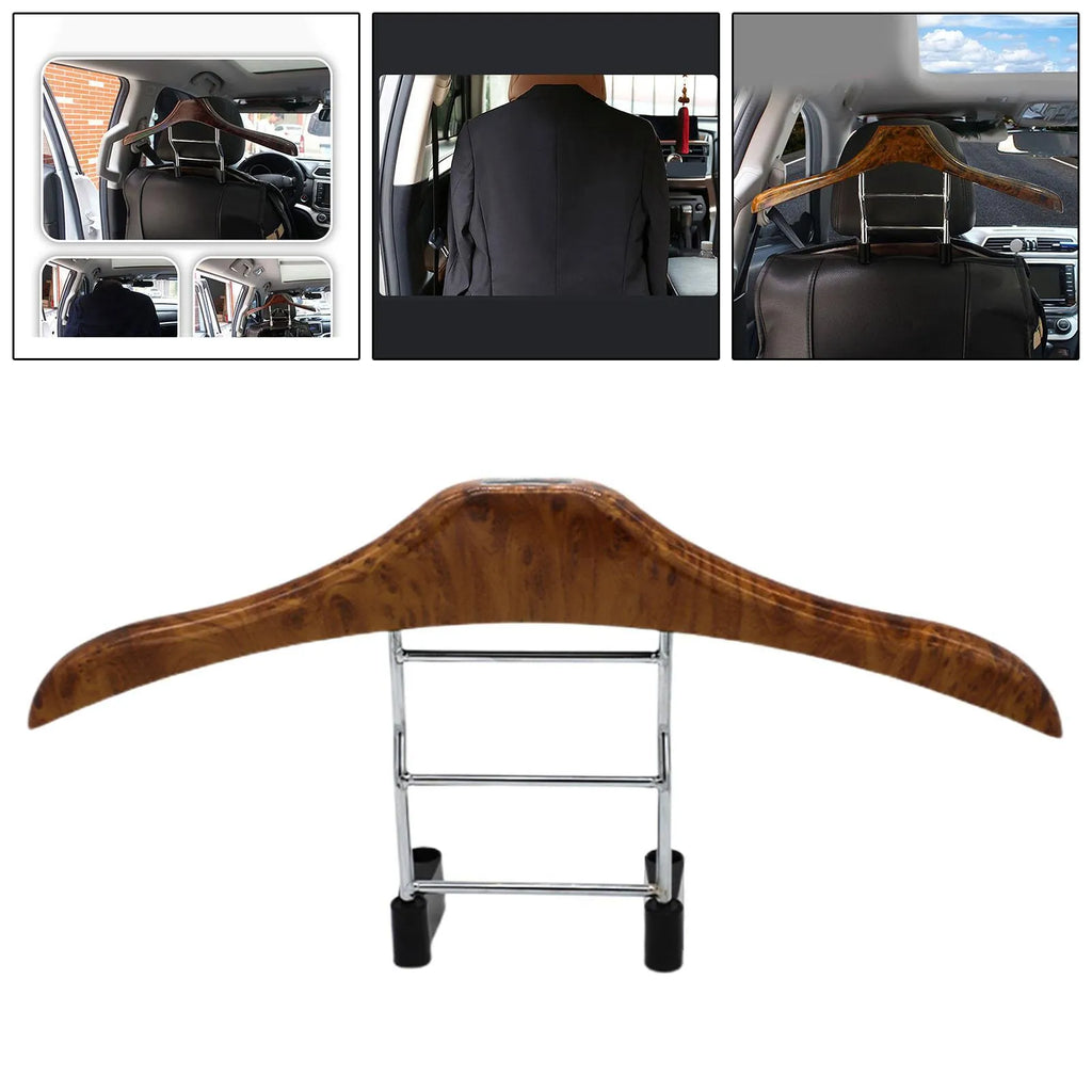 Wood yellow stainless steel car clothes hanger measuring 46.5cm wide on car seat