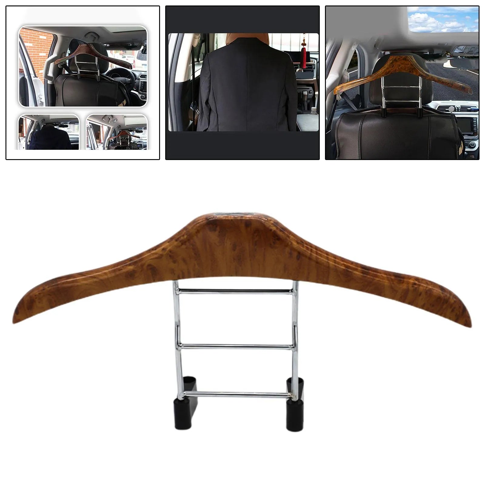 Wood yellow stainless steel car clothes hanger measuring 46.5cm wide on car seat