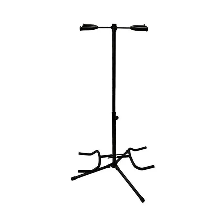Black vertical double-headed adjustable guitar stand holding two instruments