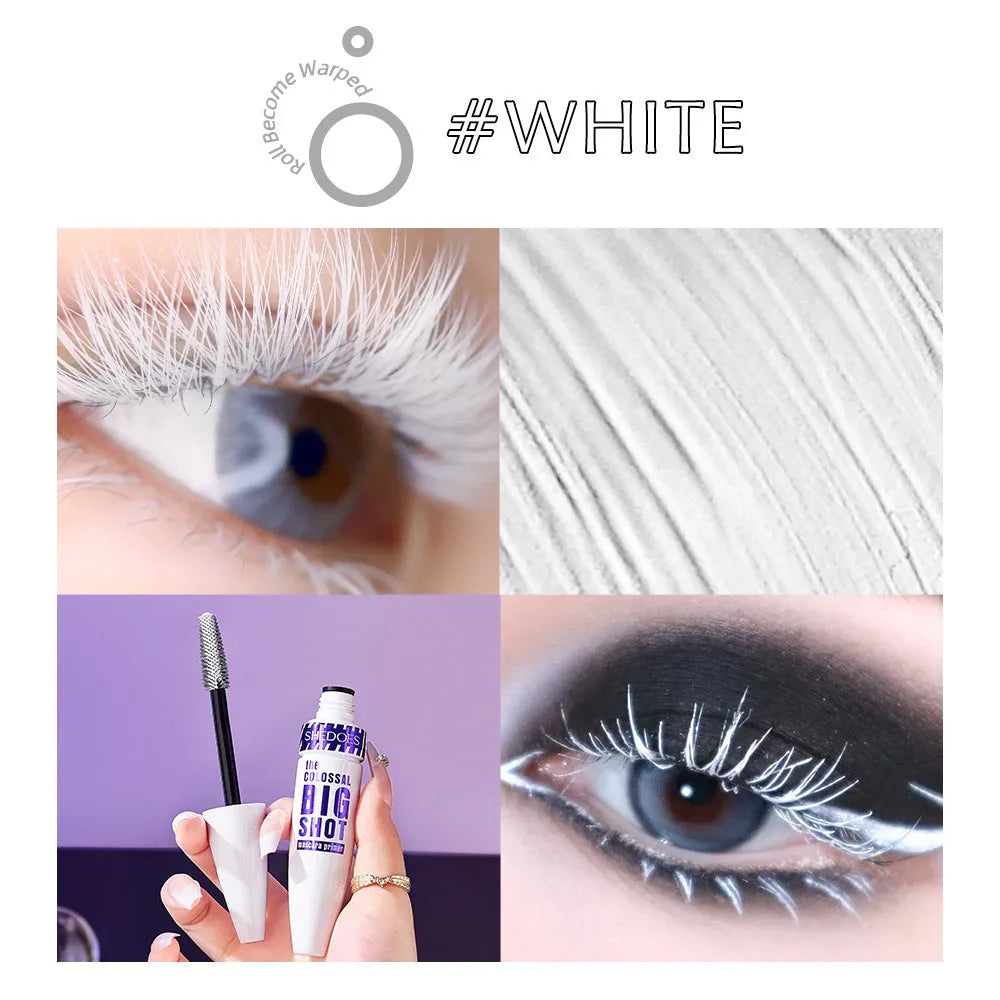 White waterproof curling mascara with 10ml volume and sweat-resistant properties