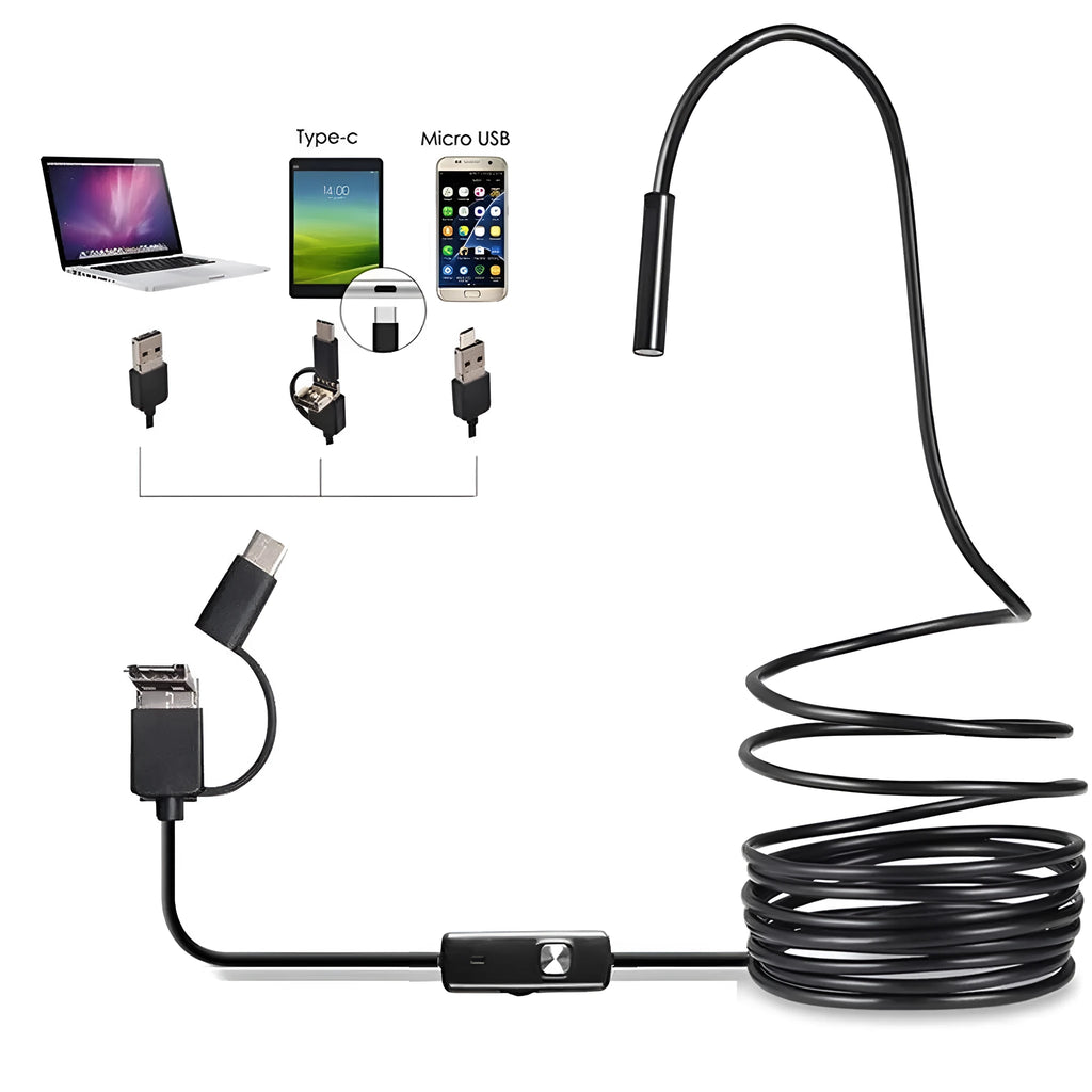 Type-C USB Android phone endoscope with flexible cable, IP67 waterproof rating, and accessory attachments