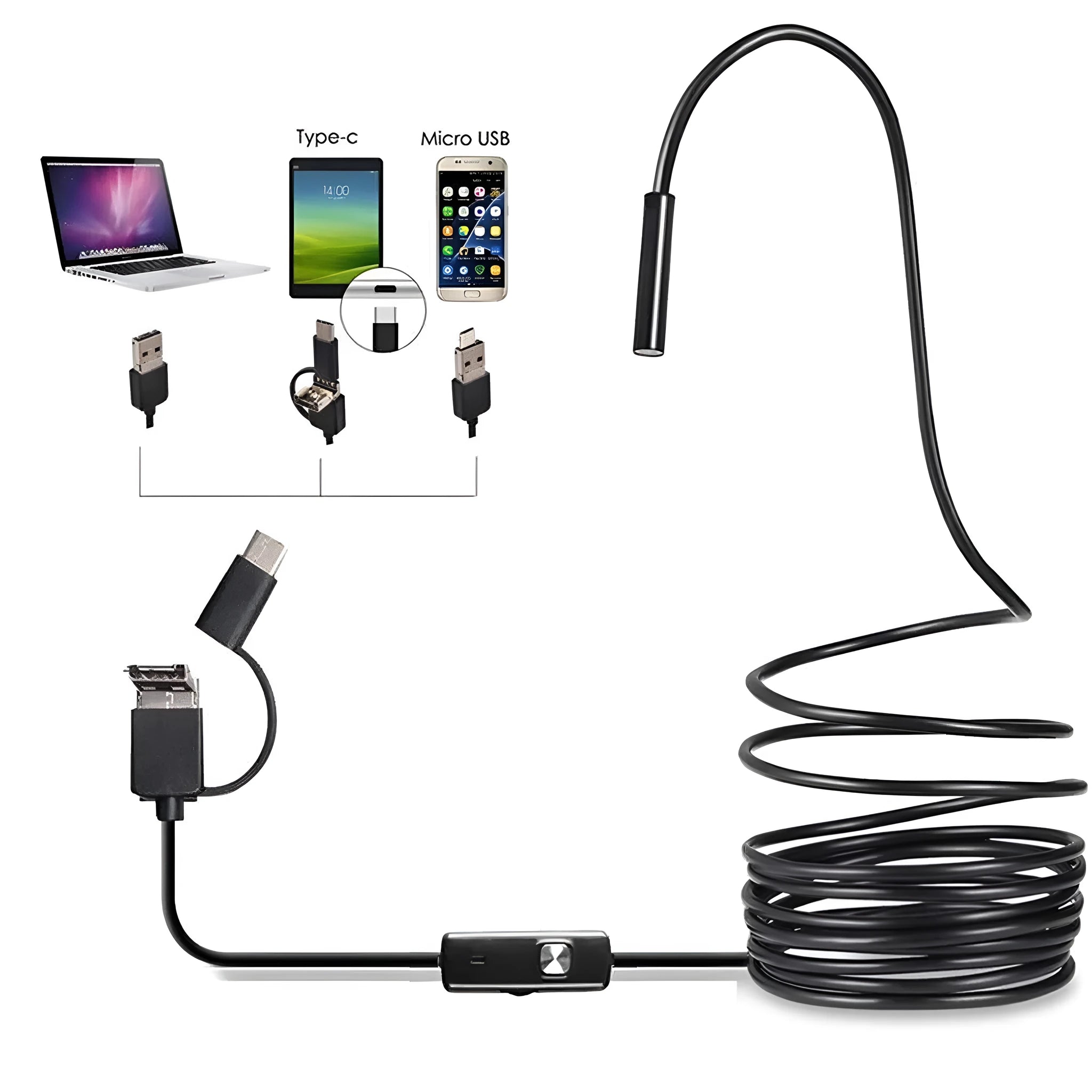 Type-C USB Android phone endoscope with flexible cable, IP67 waterproof rating, and accessory attachments