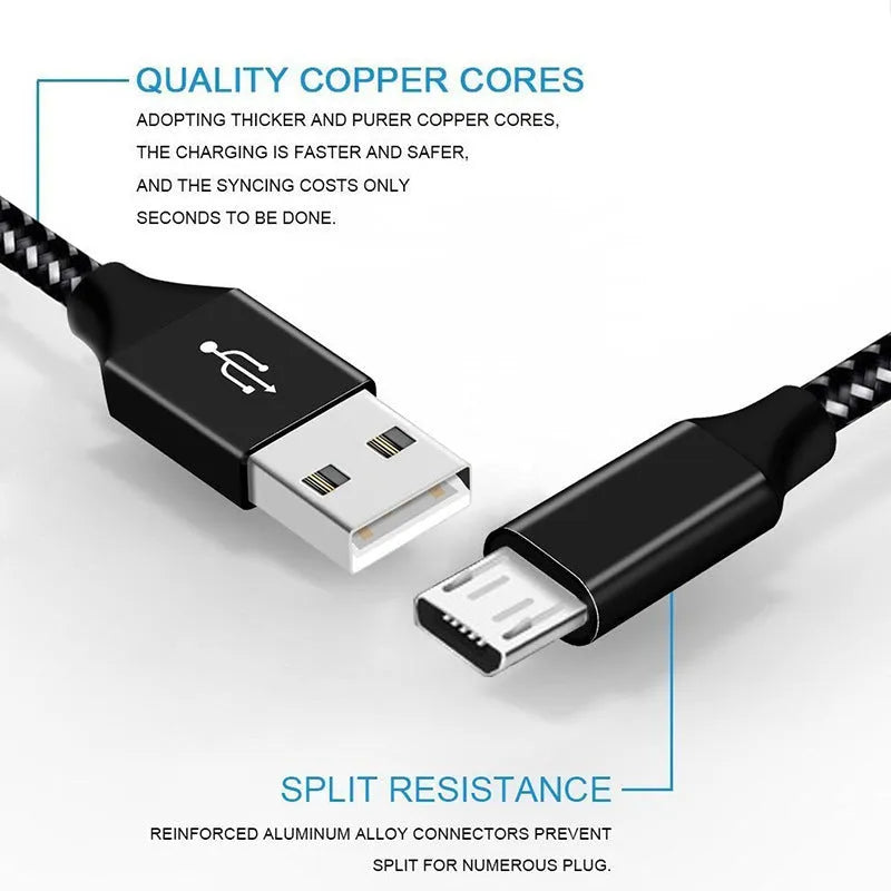 Braided fast-charge micro USB cable for Android phones in black and red colour.