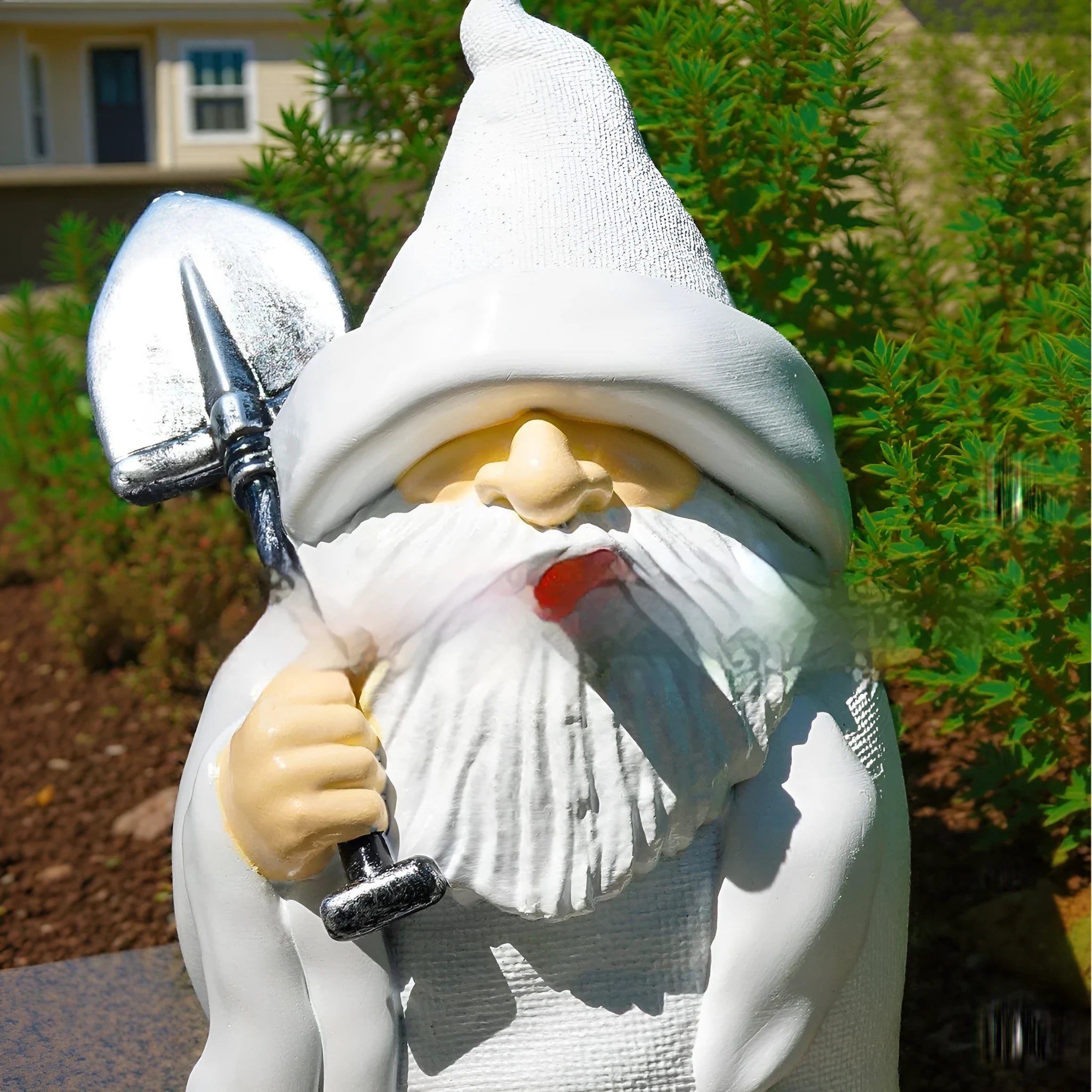 Christmas garden ornament with smoking shovel dwarf resin craft design