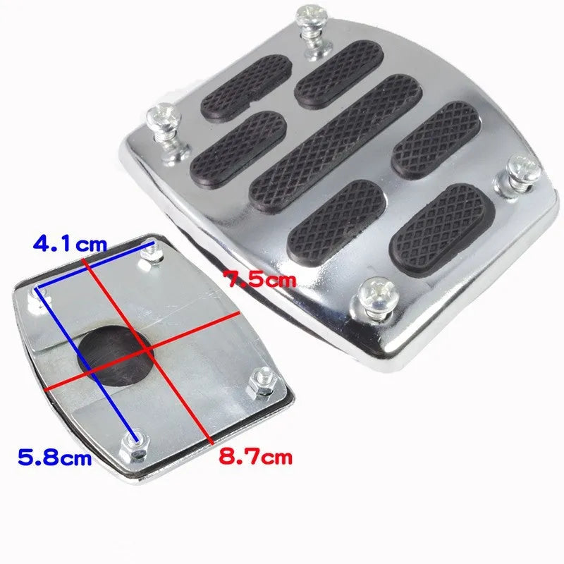 Metal motorcycle brake pedal skid plate showing three design options: Foot Pedal, Square Foot Pedal, and Small Brake Plate