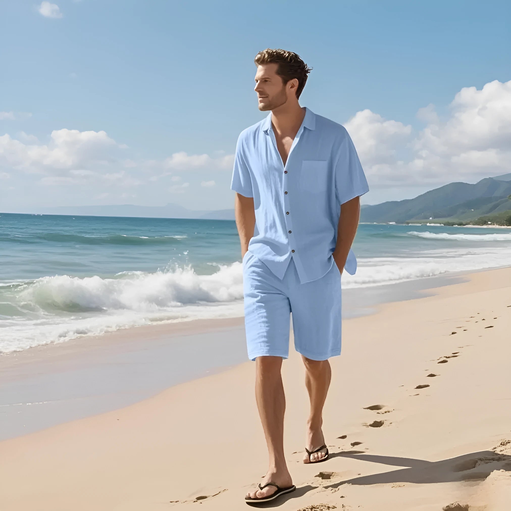 Linen and hemp blend short sleeve beach suit in light blue with matching shorts.