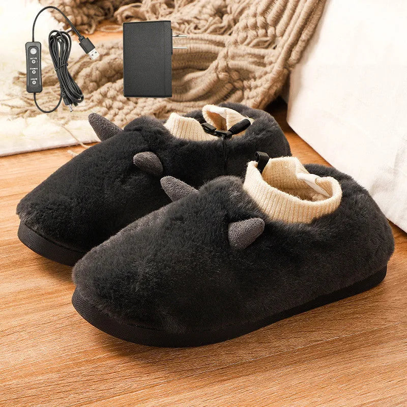 USB electric foot warmer slippers in black, grey, matcha green, and taro colours with soft velvet upper.