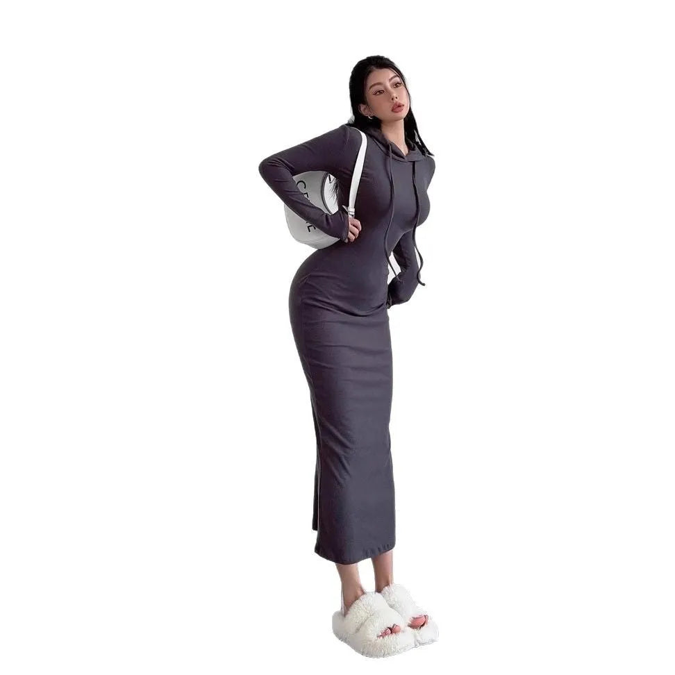 Women's grey hooded long sleeve sheath dress with high waist, shown knee-length.