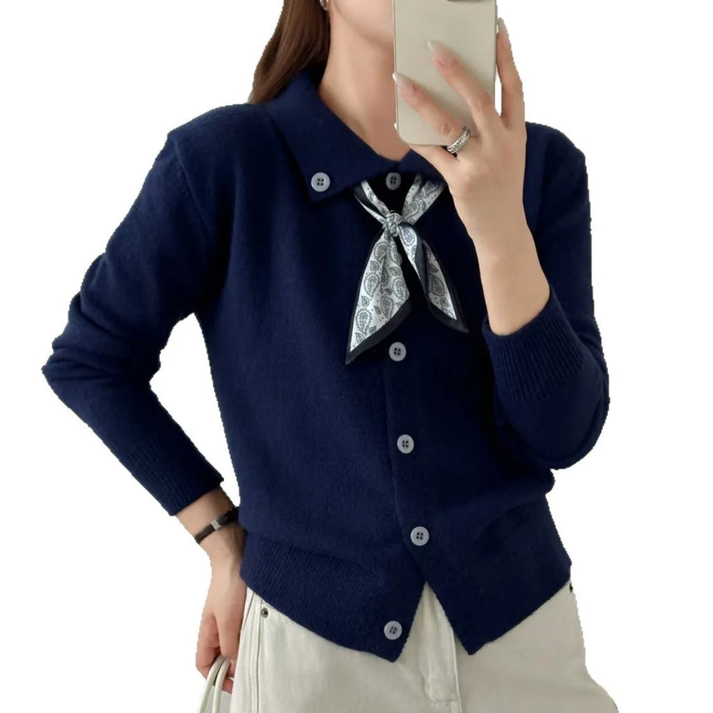 Women's milky white acrylic cardigan with attached lapel scarf and long sleeves