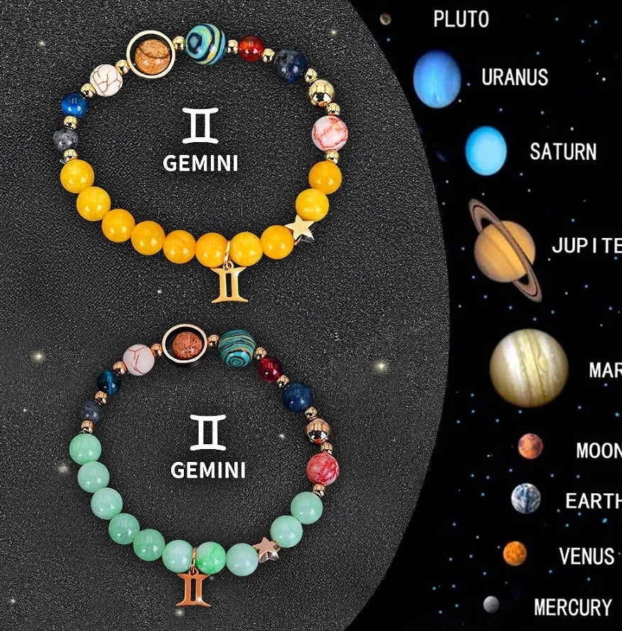 Set of twelve natural stone zodiac bracelets showing detailed astrological charms on stretch cords