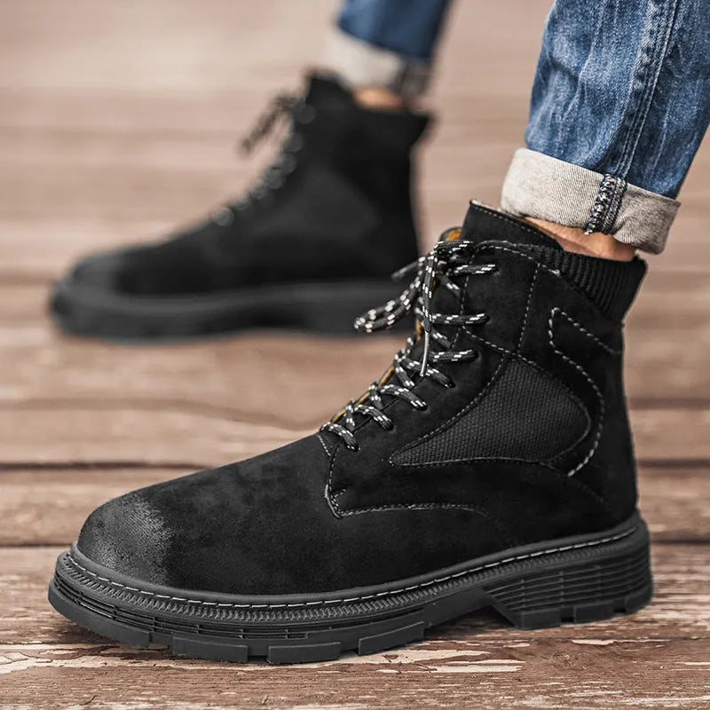 Men's vintage Martin boots in black with a frosted microfiber leather upper and thick rubber sole.