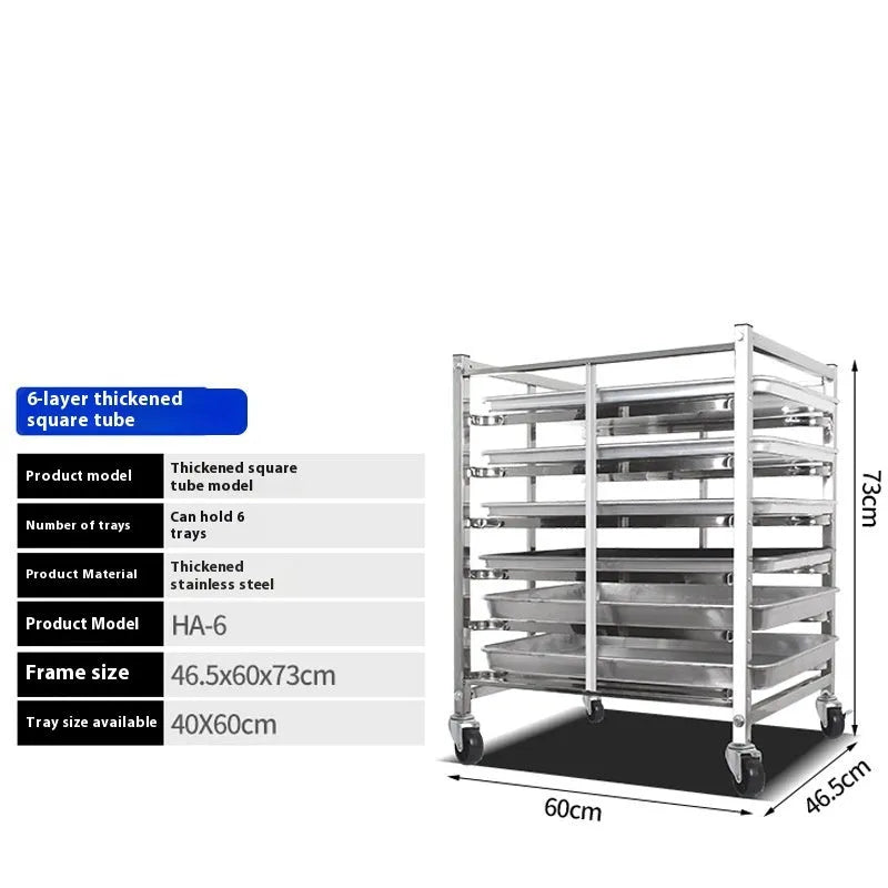 Stainless steel baking tray rack with six layers for 40x60cm commercial trays.