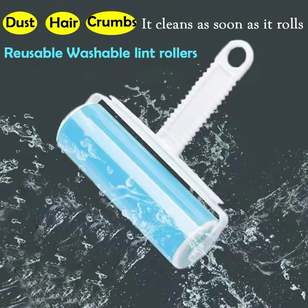 Blue washable reusable lint roller with cover for removing pet hair from clothes and furniture.