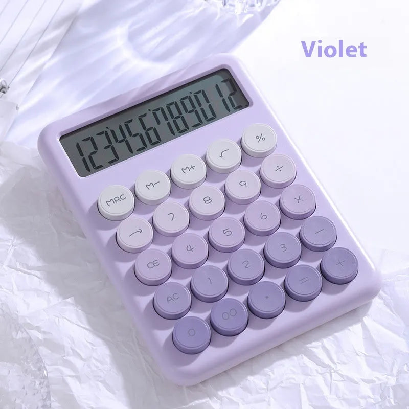 Dopamine gradient colour desk calculator in violet, cherry blossom powder, glacier blue, and mint green variants.