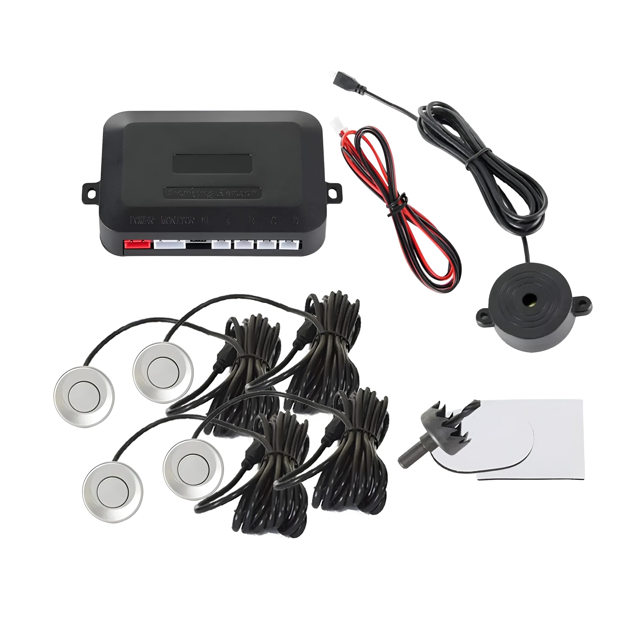 4-probe car parking sensor system with buzzer alert module, sensors in multiple colours, hole saw and installation cables