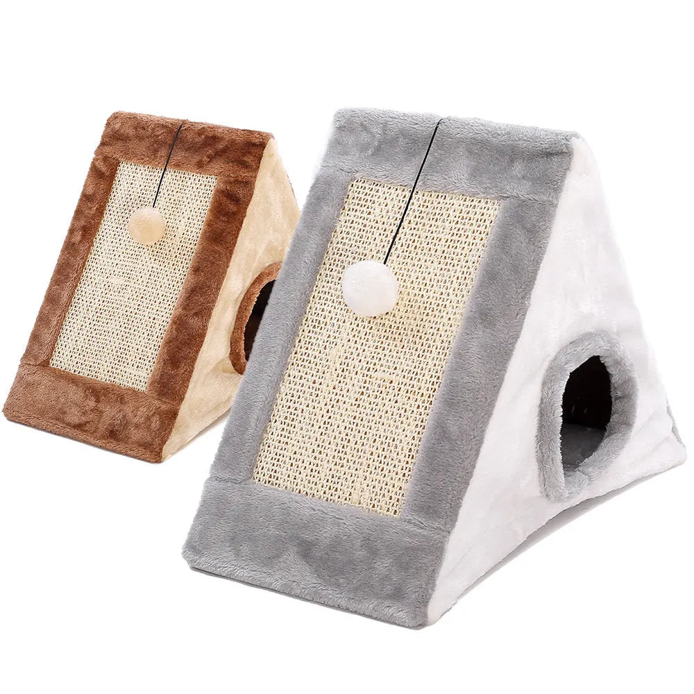 Grey and white triangular cat bed with sisal scratching surfaces, shown next to a light brown and beige version.