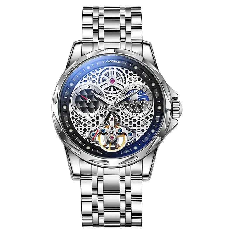 Men's waterproof automatic watch with luminous hands on steel bracelet, black dial, 13mm thick