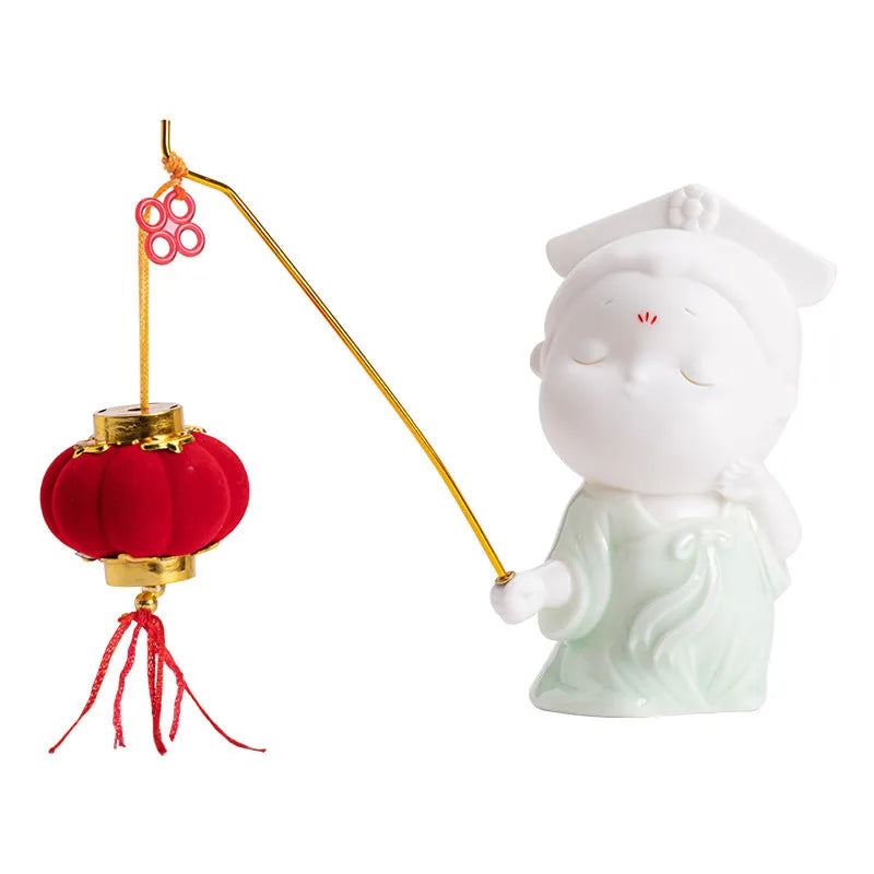 Ceramic court attendant incense burner decoration in traditional colours
