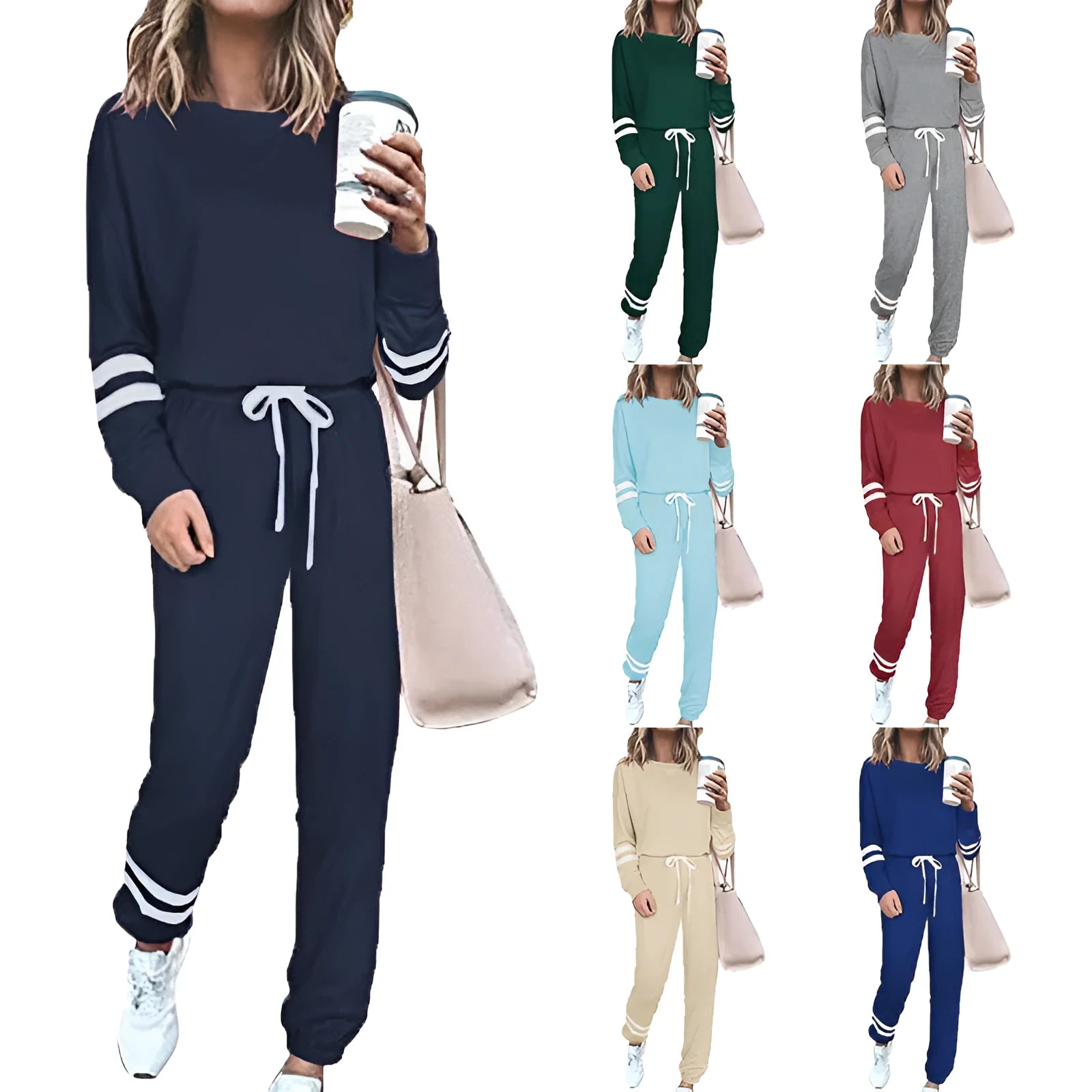 Women's loose-fitting casual suit set in a solid colour, comprising a long-sleeve top and matching trousers.