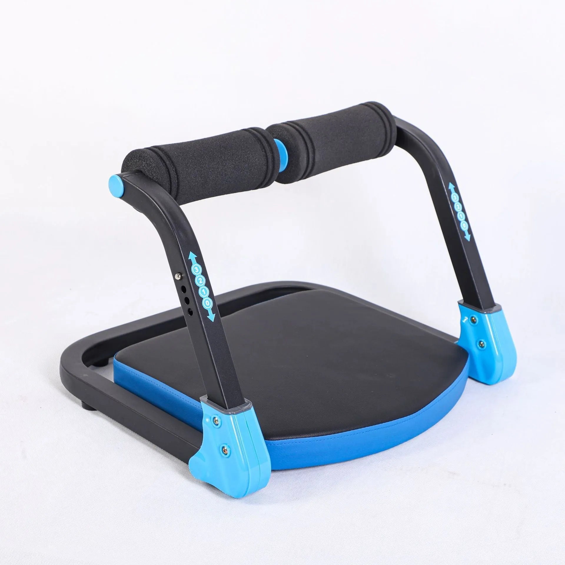 Mini abdominal trainer device in sky blue or red colours for home and office fitness