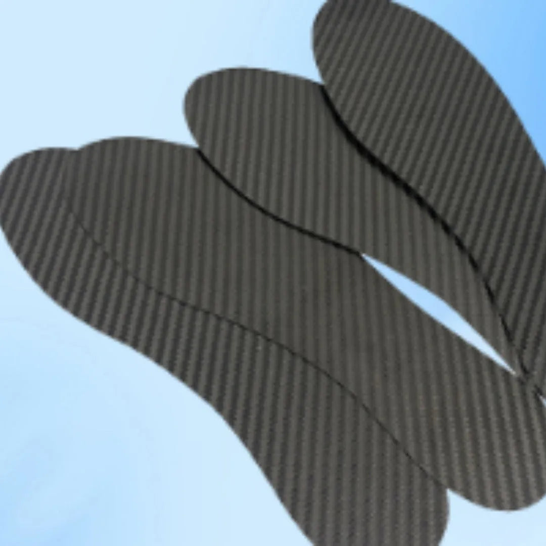 Black 3K carbon fibre running insoles for shock absorption in various sizes