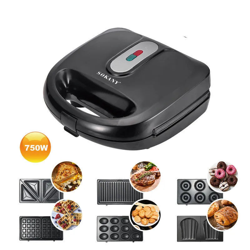 Black electric sandwich pan with double-sided heating, brushed stainless steel top, and non-stick baking surface