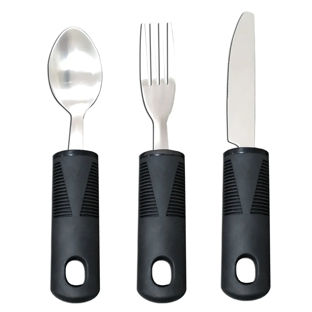 Stainless steel adaptive eating utensils with rubber anti-shake handles for elderly dining assistance