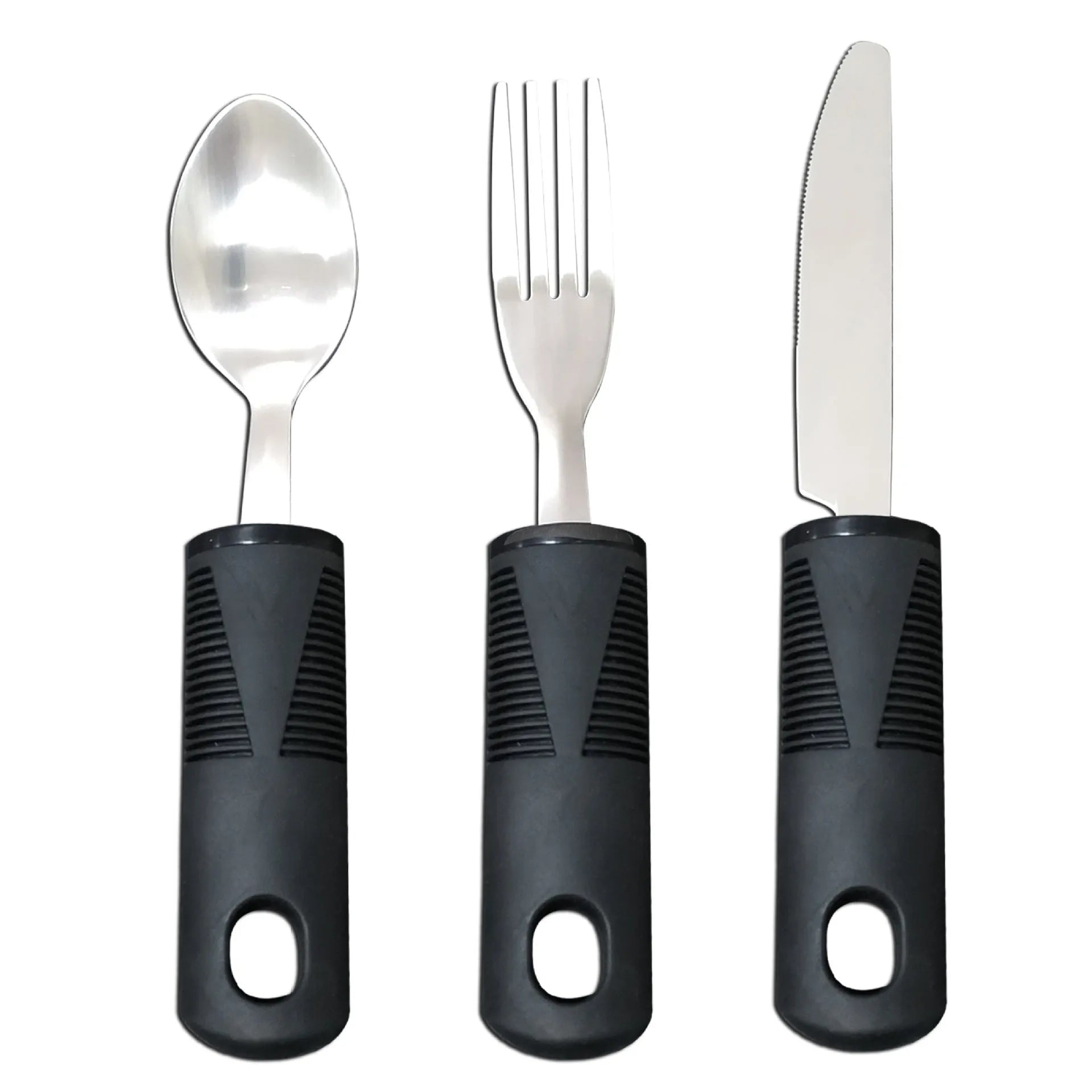 Stainless steel adaptive eating utensils with rubber anti-shake handles for elderly dining assistance