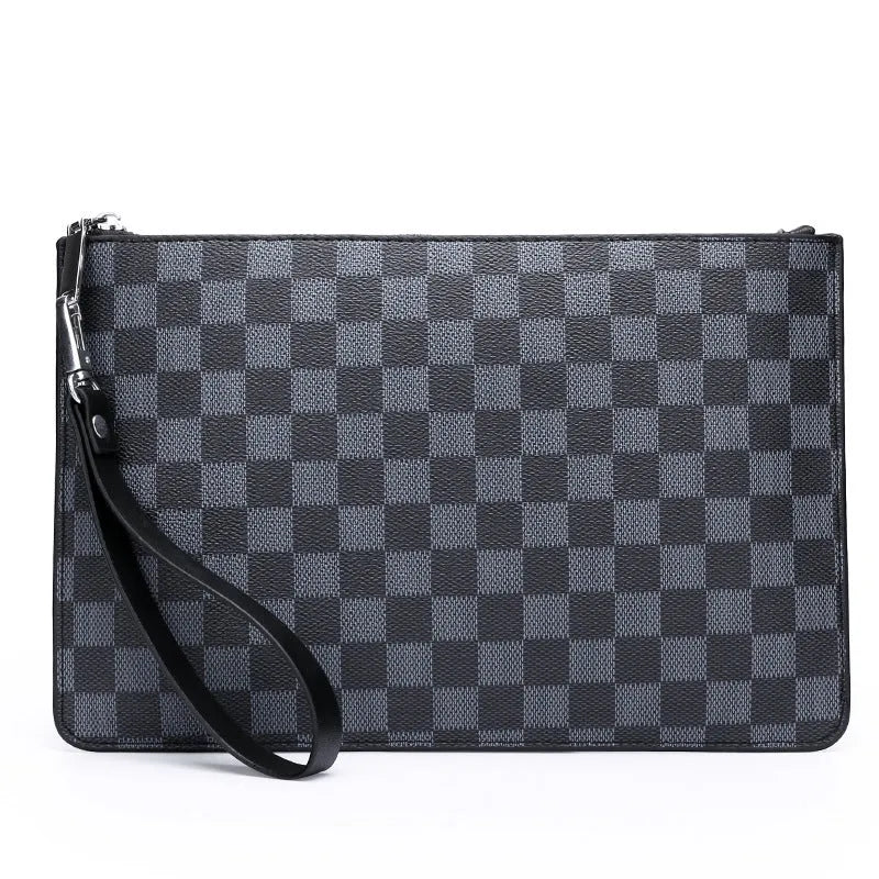 Soft black PU leather men's clutch wallet open to show six card slots, bill compartment, and zipper pocket.