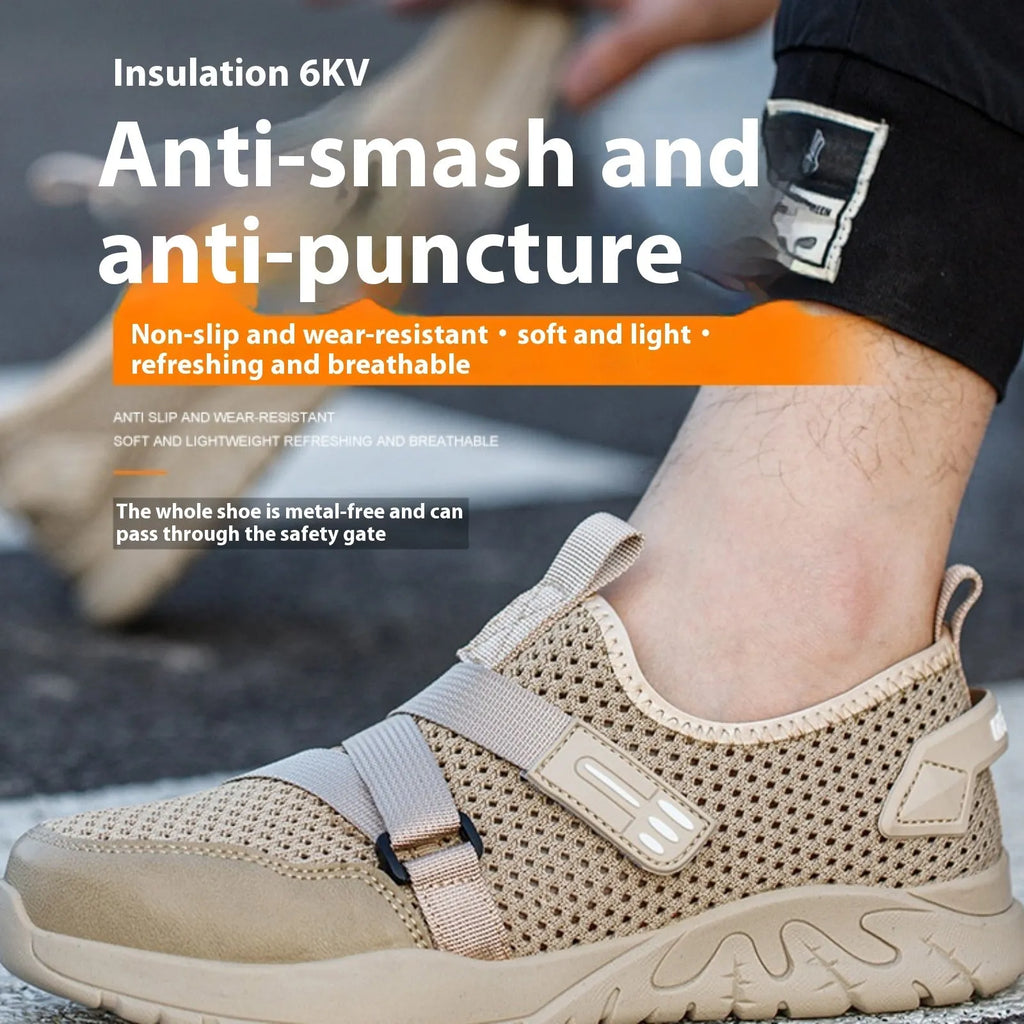 Men's grey safety work shoes with anti-smash, anti-puncture and insulation features for industrial protection
